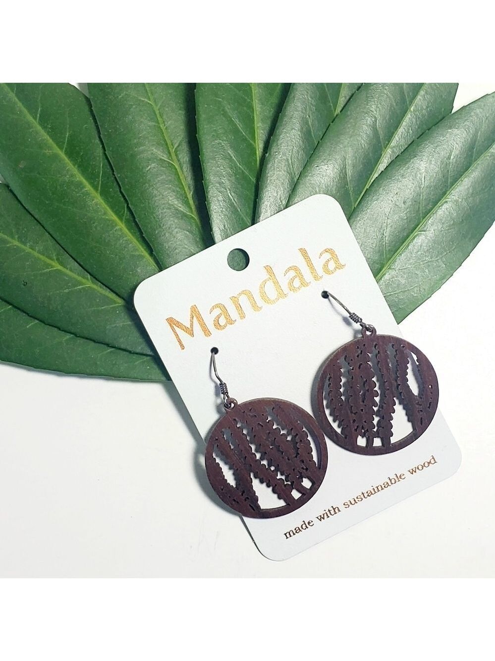 MANDALA Laser Cut Dark Wood Earrings Sterling Siver Botanical Boho Stlye 2" NWT